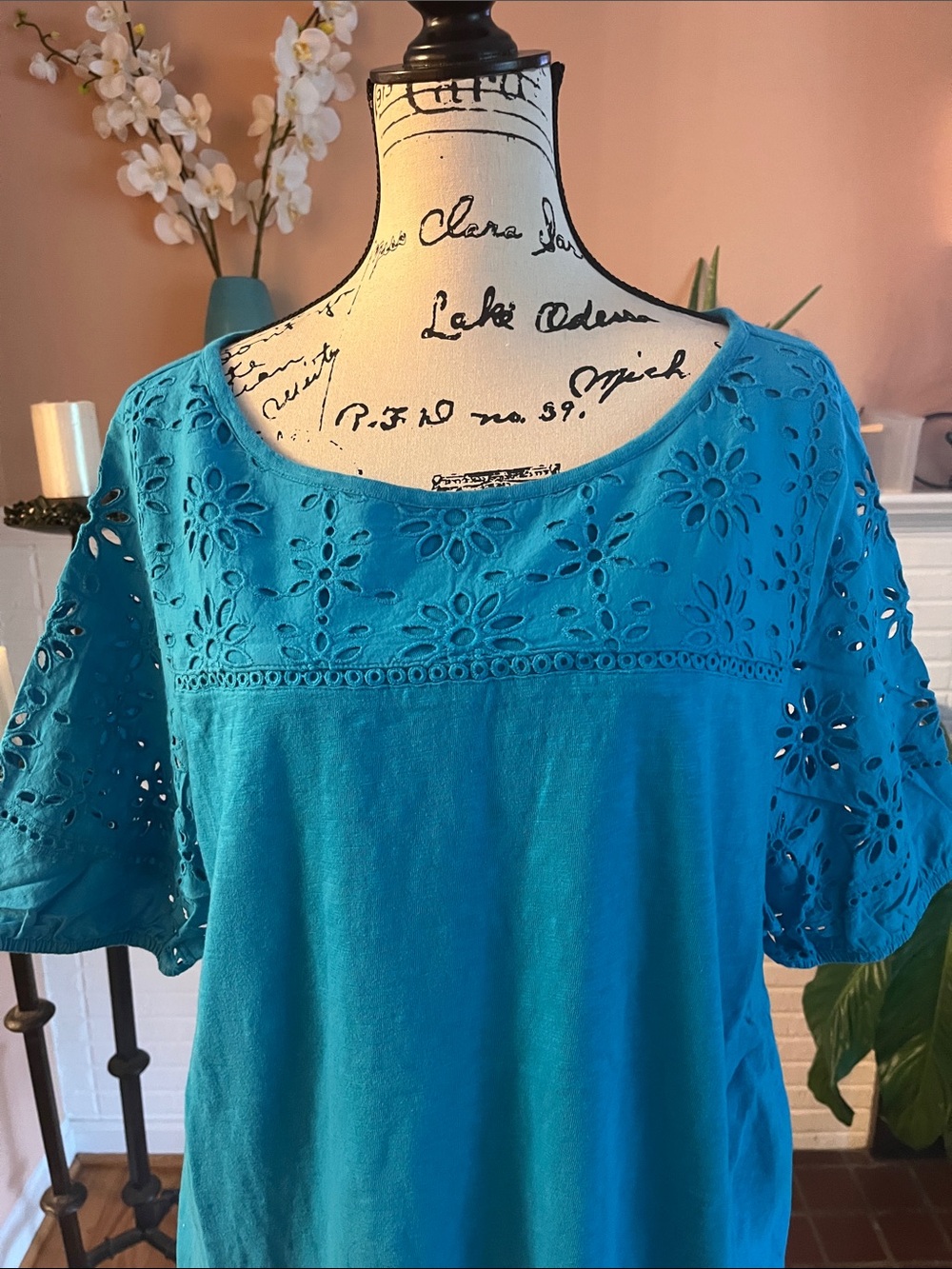 Talbots Teal Eyelet Scoop Neck Tee Shirt - Picture 2 of 6